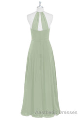 Sage Green Chiffon Halter Backless Long Bridesmaid Dresses